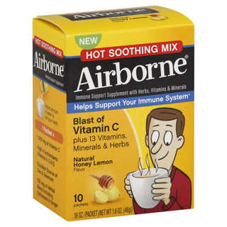 Airborne Hot Soothing Mix Immune Support Supplement Natural Honey Lemon Flavor Packets 10 CT