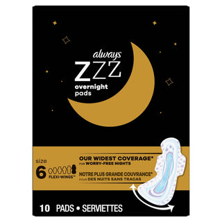 Always Zzz Overnight Pads For Women Size 6 Unscented With Wings