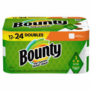 Bounty White Paper Towels, 12 Double Rolls, 2x Absorbent, 100% More Sheets