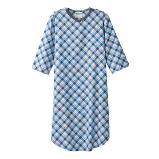 Silverts Senior Men's Adaptive Open Back Flannel Nightgown Diagonal Plaid