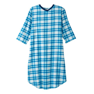 Silverts Senior Men's Adaptive Open Back Flannel Nightgown Turquoise Plaid