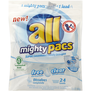 all Mighty Pacs Laundry Detergent, Super Concentrated, HE Safe, Free Clear