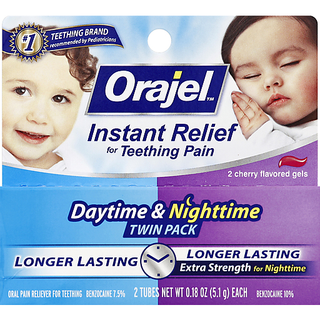 Orajel Oral Pain Reliever, For Teething, Daytime & Nighttime, Gels, Cherry Flavored, Twin Pack
