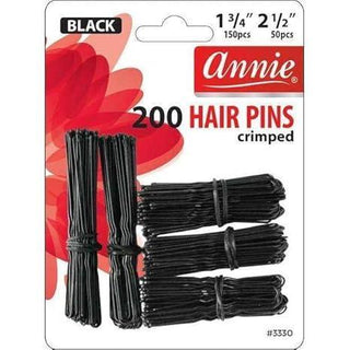 Annie 200 Hair Pins 1 3/4 & 2 1/2 Black #3330 Crimped Big Ball Tipped U-shape