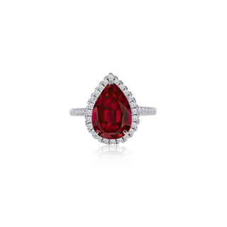 2.0ct Lab Ruby Pear Cut Moissanite Halo Ring