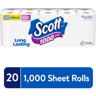 Scott Standard Roll Bathroom Tissue, Septic Safe, 1-Ply, White, 1,000 Sheets/Roll, 20/Pack, 2 Packs/Carton