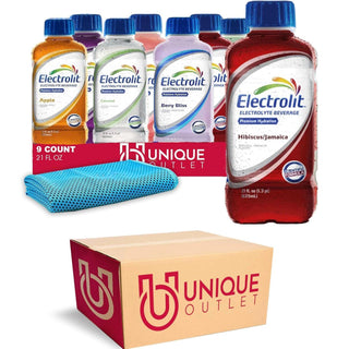 Electrolit Collection 9-Pack Of Hydration Drink With Electrolytes, 21 Fl Oz Plastic Bottle + 1 Microfiber Cooling Towel By Unique Outlet Brand