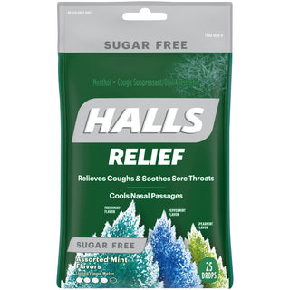 Halls Relief Sugar Free Assorted Mint Flavor Cough Drops, 1 Bag (25 Total Drops)