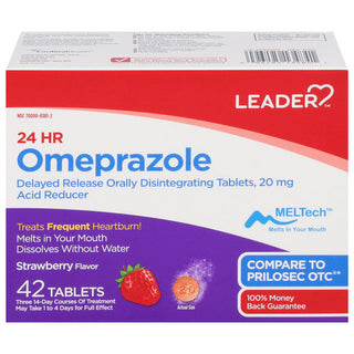 Leader Omeprazole Acid Reducer 20mg 42 Tablets Strawberry Flavor