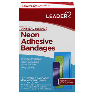 Leader™ Antibacterial Neon Adhesive Bandages – Assorted Sizes & Colors