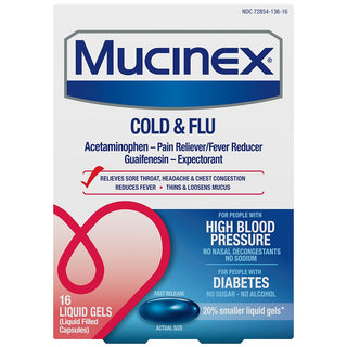Mucinex Hbp Diabetes Cold & Flu Liquid Gels  16 Ct
