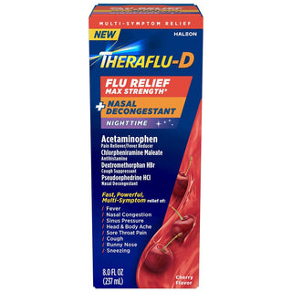 TheraFlu-D Flu Relief Max Strength Nasal Decongestant  Nighttime Liquid Cherry 8 Oz
