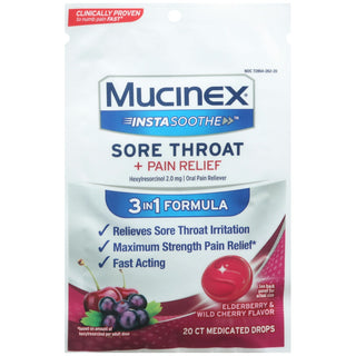 Mucinex InstaSoothe Sore Throat + Pain Relief, 3 In 1 Formula, Medicated Drops, Elderberry & Wild Cherry Flavor