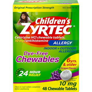 Zyrtec Children's 24-Hour Allergy Relief, Dye-Free Chewable Tablets, Grape Flavor, 10 mg, 48 ct