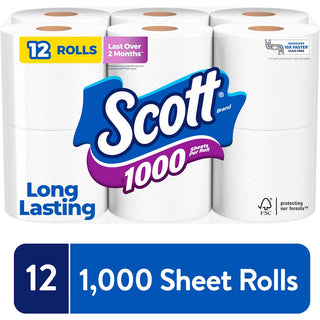 Scott 1000 Sheets Per Roll Toilet Paper, 12 Rolls, Bath Tissue
