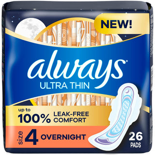 Always Ultra Thin Pads, Overnight With Wings Unscented, Size 4