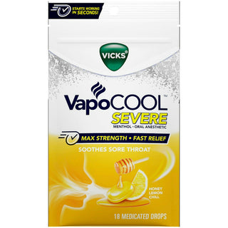Vicks VapoCool Max Strength Severe Medicated Drops, Honey Lemon Chill, 18 ct
