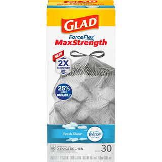 Glad Force Flex Max Strength X Large Kitchen Drawstring Trash Bags, 20 Gallon, Fresh Clean Scent With Febreze Freshness