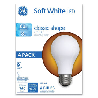 GE 4 Pack Soft White Led Classic Shape 8 Watts Light Bulbs