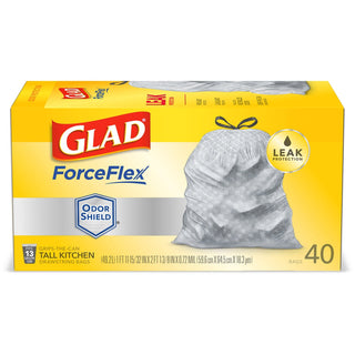 Glad ForceFlex OdorShield Tall Kitchen Drawstring Trash Bags Unscented, 13 Gallon White