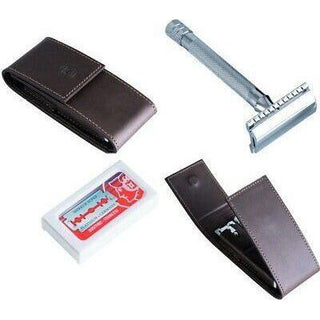 Dovo Merkur Travel Shave Set Solingen Longer Handle Razor Brown Leathr