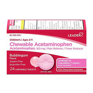 Leader Children's Pain & Fever Relief, 160mg Acetaminophen, 24 Chewable Tablets – Bubblegum Flavor
