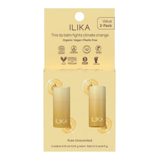 ILIKA 100% Natural Lip Balm - 2-Pack Unscented, Vegan, Cruelty-Free, Vitamin E, COSMOS Certified, All-Day Moisture, 0.15 oz each