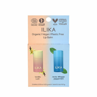 ILIKA 100% Natural Lip Balm - Organic, Plastic-free, Vegan, Cruelty-Free, Vitamin E, COSMOS Certified, PETA Certified, 2-Pack - Vanilla, Peppermint, All-Day Moisture, 0.15 oz each
