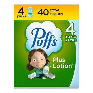 Puffs Facial Tissue, Plus Lotion, White, 2 Ply, 4 Purse Packs
