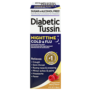 Diabetic Tussin Nighttime Cold And Flu Medicine - 4 Fl Oz - Sugar Free Liquid Cough Syrup, Safe For Diabetics, Berry Flavored