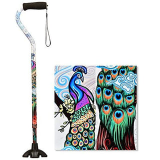 NOVA Sugarcane Walking Cane With All Terrain Rubber Quad Tip Base And Carrying Strap Proud Peacock Design