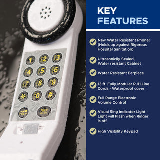 Med-Pat XL88WP - Easy to Use One Piece Telephone with Visual Ring Light Indicator, Ultrasonically Sealed Water Resistant Landline Phone - Full Range Volume Control with High Visibility Keypad - White