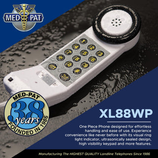 Med-Pat XL88WP - Easy to Use One Piece Telephone with Visual Ring Light Indicator, Ultrasonically Sealed Water Resistant Landline Phone - Full Range Volume Control with High Visibility Keypad - White