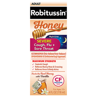 Robitussin Adult Maximum Strength Honey Nighttime Severe Cough, Flu + Sore Throat 4 Fl Oz Box