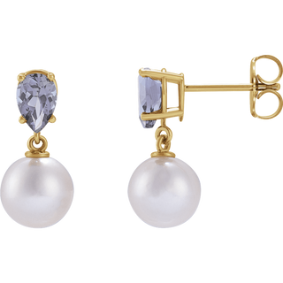 GC Tanzanite Pearl Earrings – 14K Yellow Gold Akoya Drop
