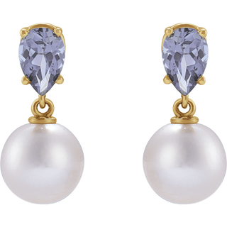 GC Tanzanite Pearl Earrings – 14K Yellow Gold Akoya Drop