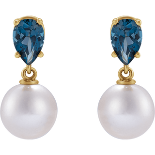 GC London Pearl & Blue Topaz Earrings – 14K Yellow Gold Akoya Pearl