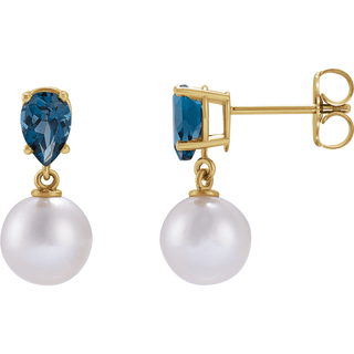 GC London Pearl & Blue Topaz Earrings – 14K Yellow Gold Akoya Pearl