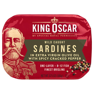 King Oscar Wild Caught, Sardines In Extra Virgin Olive Oil, With Spicy Cracked Pepper, One Layer, 3.75 Oz (106 G)