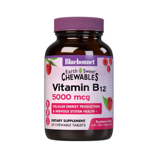 Bluebonnet EarthSweet Chewables Vitamin B12 5000 Mcg, Raspberry Flavor, 30 Chewable Tablets, Nutrition
