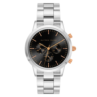 Alfred Sung Chronograph Black Sunray Dial Silver Bracelet Men's watch