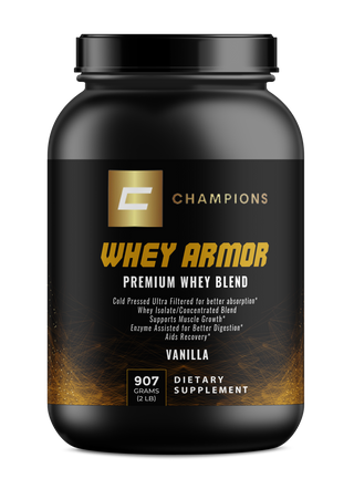 Champions Whey Armor protein powder, Vanilla Flavor 2LBS, Servings Size 32g, 28 Servings per container, 130 calories, 25g protein, 2g sugar