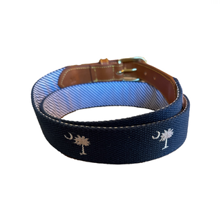 SC State Flag Belt Crescent Moon Palmetto Tree on Navy Blue Cotton Web