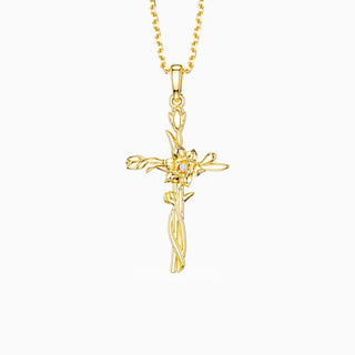 Floral Cross March Daffodil Birth Flower Necklace