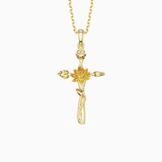 Floral Cross July Water Lily Birth Flower Necklace