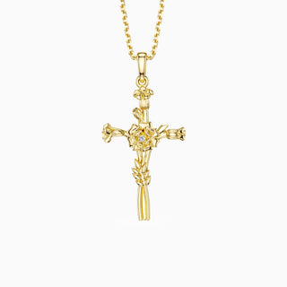 Floral Cross October Marigold Birth Flower Necklace