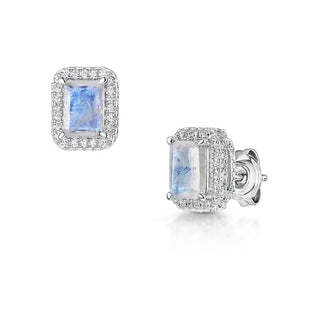 Emerald Cut Rainbow Moonstone  Halo Earrings
