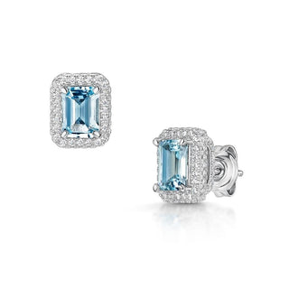 Emerald Cut Sky Blue Topaz Halo Earrings