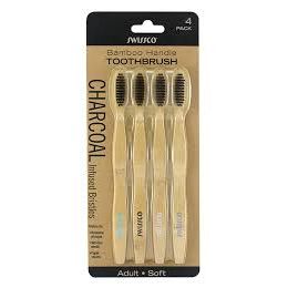 Swissco Bamboo Handle Toothbrushes Charcoal Infused Bristles 
Adult SoftPack of 4